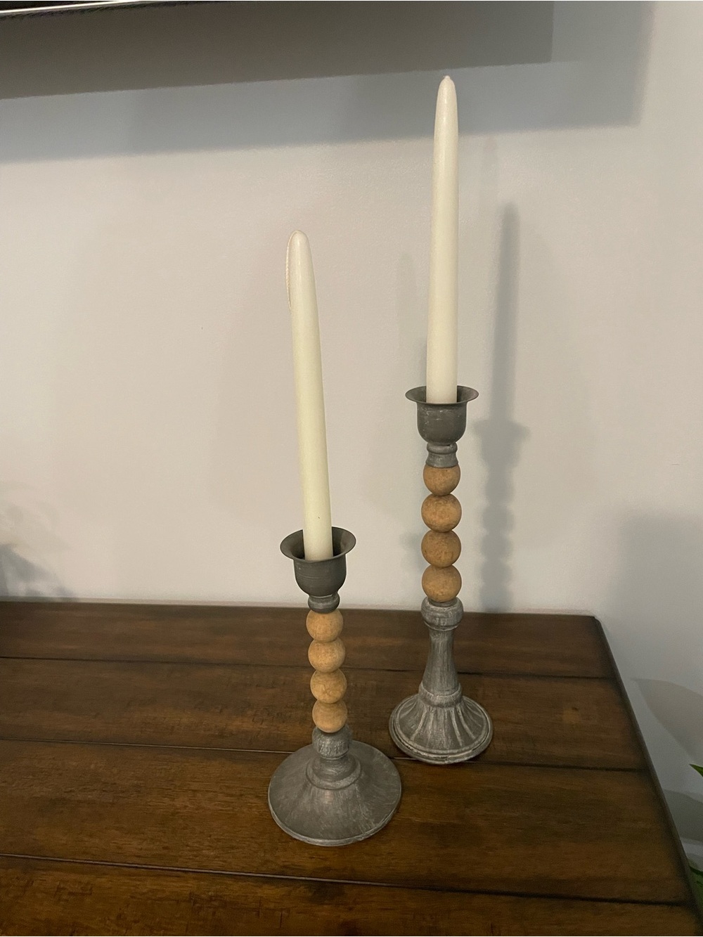 Neutral Wood Bead Candlestick Holders with Ivory Tapers - Home Accents